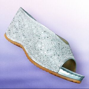 Italina Metallic Sparkly Bright Silver Rhinestone Embellished Heeled Wedge Mule